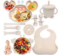 Kinyoda Coffret Repas Bebe, 10 Pièces Assiette bebe Set Vaisselle Antiderapant Silicone avec Ventouse Assiette Bol Fourche Cuillère Bavoir, Enfant Set Couverts Vaisselle Pour Sevrage Manger, Beige