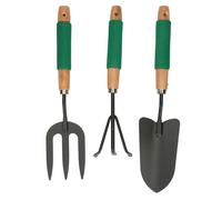 Kinzo Ensemble Outils de Jardinage 3 Pièces - Râteau Main, Fourche et Pelle - Poignée Confortable et Revêtement Antiadhésif - Outils Jardin pour Pots et Petits Espaces