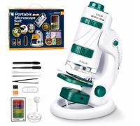 KinZon Microscope Enfant 60x-180x 3 en 1, Microscope Portable avec Support de Table, Double Éclairage LED, Support Smartphone, 12 Lames Préparées et Accessoires, dès 6 Ans