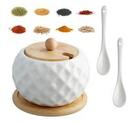 Kioiner Récipient d'épices, récipient de sucre, réservoir de sucre en céramique avec couvercle de bambou et 2 cuillères à soupe (blanc)
