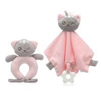 KIOKIDS | Chaton Doudou Rose & Hochet Set | Vous aide à vous endormir | Anneau de dentition | Matériau souple : Polyester et EVA | Comprend un hochet super doux | ROSE