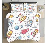 Kioldoq Fusée Planète Housse De Couette Fermeture éclair 90x190, Thème De L’Espace Parure De Lit Microfibre, Univers Étoiles Parure De Couette, Linge De Lit, Drap Lit Et 2 Taies D'oreillers 65x65cm