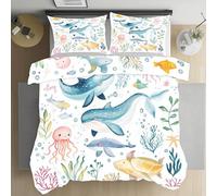 Kioldoq Housse De Couette Microfibre Baleine Poisson, Housse Couette Soft Adulte Océan Animal 200x200 cm, Parure De Lit 3 Pièces Monde sous-Marin Fermeture Éclair avec 2 Taies d'oreiller