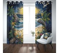 Kioldoq Mer Tortue Draperies Opaque Salon, Rideaux Occultant Thermique Isolant Chambre Océan Vagues Rideaux A Oeillets, Cocotier Arbre Rideau Brise Vue Intérieurs 132x160cm