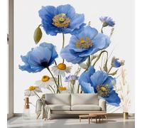 Kioldoq Papier Peint Chambre Adulte Bleu Pavot, Stickers Meuble Motif Fleur, Papier Peint Intissé Floral Botanique Vinyle Autocollant Pour Salon Porte Placard Décoration Murale 360x250 cm