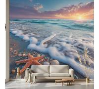 Kioldoq Papier Peint Chambre Adulte Bleu Vagues, Stickers Meuble Plage Océan, Papier Peint Intissé Étoiles De Mer Vinyle Autocollant Pour Salon Porte Placard Décoration Murale 360x250 cm