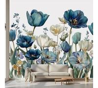 Kioldoq Papier Peint Chambre Adulte Motif Fleur, Stickers Meuble Bleu Tulipe, Papier Peint Intissé Floral Botanique Vinyle Autocollant Pour Salon Porte Placard Décoration Murale 250x175 cm