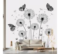 Kioldoq Papier Peint Chambre Adulte Papillon Botanique, Stickers Meuble Motif Pissenlit, Papier Peint Intissé Noir Et Blanc Vinyle Autocollant Pour Salon Porte Placard Décoration Murale 250x175 cm