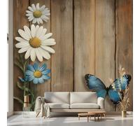 Kioldoq Papier Peint Chambre Adulte Papillon Fleur, Stickers Meuble Marguerite Floral, Papier Peint Intissé Grain De Bois Vinyle Autocollant Pour Salon Porte Placard Décoration Murale 360x250 cm