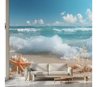 Kioldoq Papier Peint Chambre Adulte Vagues Océan, Stickers Meuble Plage Bleu, Papier Peint Intissé Étoiles De Mer Vinyle Autocollant Pour Salon Porte Placard Décoration Murale 360x250 cm
