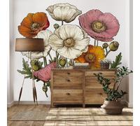 Kioldoq Papier Peint Intissé Pavot Plante, Papier Peint Panoramique Motif Fleur, Stickers Meuble Floral Botanique Pour Salon Chambre Porte Placard Décoration Murale 400 x 280 cm