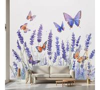 Kioldoq Papier Peint Panoramique Lavande Papillon, Stickers Meuble Motif Fleur, Papier Peint Autocollant Floral Aquarelle Autocollant Meuble Pour Salon Chambre Decoration Cuisine 450x315 cm