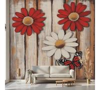 Kioldoq Papier Peint Panoramique Marguerite Floral, Stickers Meuble Papillon Fleur, Papier Peint Autocollant Grain De Bois Autocollant Meuble Pour Salon Chambre Decoration Cuisine 450x315 cm