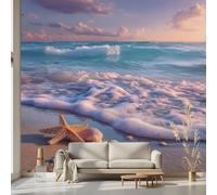 Kioldoq Papier Peint Panoramique Plage Océan, Papier Peint Adhésif Bleu Vagues, Stickers Intissé Étoiles De Mer, Autocollant Meuble Pour Salon Chambre Cuisine Bureau 300x210 cm