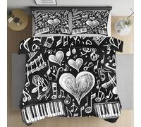 Kioldoq Piano Noir Et Blanc Housse De Couette Fermeture éclair 90x190, Amour Cœur Parure De Lit Microfibre, Notes De Musique Parure De Couette, Linge De Lit, Drap Lit Et 2 Taies D'oreillers 65x65cm