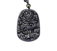 KIOMOY Pendentif courageux en obsidienne naturelle, fermoir sûr, collier dragon et phénix, pierre sculptée stèle de dragon chinois, pendentif licorne Kylin, Pierre