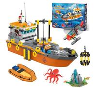 kiothdre City Ocean Explorer Ensemble de Construction de Bateau d'exploration Amusant avec lumières LED, hélicoptère, sous-Marin, Cage de Requin, Anniversaire pour garçons et Filles de 6, 8, 10, 12