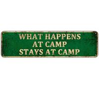KIOZIY Panneau fantaisie en aluminium « What Happens On The Camp Stays On The Camp » 10,2 x 40,6 cm