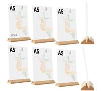 kiptyg Lot de 6 Supports Acrylique A5 avec Base en Bois - Présentoir de Table pour Menus, Flyers, Affiches - Support Vertical/Incliné en Plexiglas - Pour Restaurant, Comptoir, 14.8x21 cm