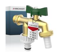 KIRCHHOFF 99720224 Robinet double 1/2" x 3/4" x 3/4" avec 2 raccords, robinet extérieur 2 voies pour tuyau d'arrosage, robinet d'écoulement pour cave et jardin