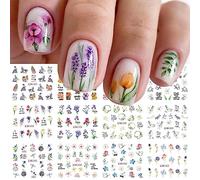 Kireida® Lot de 12 feuilles d'autocollants floraux pour nail art, fleurs de tulipe, orchidée, textes pour décorations d'ongles pour femme, accessoires et décoration d'ongles (couleur)