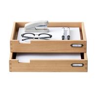 KIRIGEN Corbeille à courrier en Bois, bannette A4, Lot de 2, Naturel | Empilables, 35 x 24 x 6 cm chacune, en paulownia massif, livrées montées, tenon-mortaise, porte-étiquette en métal