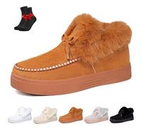 Kirposh Bottes plates d'hiver for femmes, bottines doublées de fourrure, bottes de neige à plateforme en daim avec nœud, bottines plates antidérapantes à enfiler(Brown (mid-top),38 EU)