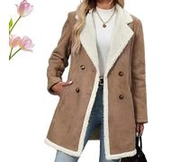 Kirposh Manteau long en suédine doublée sherpa for femme, manteau long en suédine sherpa, caban croisé à revers cranté(Khaki,XXL)