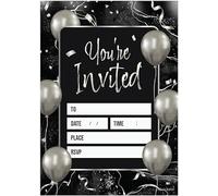 Kirsten McMillan Lot de 32 invitations de fête avec ballons noirs et argentés - Invitations de fête pour adultes - Invitations d'anniversaire A6 avec enveloppes - Conçues et imprimées au Royaume-Uni