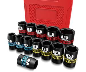 KIRXST Douilles à Choc 3/8", Coffret de 13 Douilles Métriques 7-19 mm, Douilles Courtes pour la Réparation Automobile et le Remplacement des Pneus