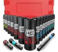 KIRXST Jeu de 18 Douille Longue Hexagonales 1/2" Métriques 10-24 mm Jeu de Douilles Profondes Impact à Douilles pour La Réparation Automobile et Le Remplacement des Pneus