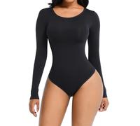 KIRYU Body à manches longues pour femme - Contrôle du ventre - Col rond - String fin - Basique - Pour sortir, noir, Medium