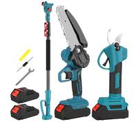 KISABAER 2 en 1 Ensemble d'Outils de Jardinage: Secateur Electrique sans fil 0-25mm, Tronconneuse Electrique 6 Pouces, 3 Positions Perche Portée de 2 m, 2 Batteries
