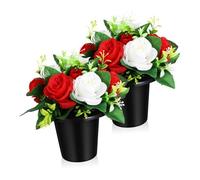Kisangel 2 pièces Fleurs Artificielles Cimetiere Petit Seau Résistant et Élégant pour Décoration Tombeaux Extérieur Lot de Blanc et Rouge Ornements Commémoratifs