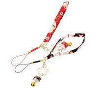 Kisangel Lot de 2 Breloques pour Téléphone Portable en Céramique Japonaise Chat Amulette Maneki Neko Noir et Rouge Cloche Cordon Suspendu Décoratif pour Smartphone Accessoire Chance et