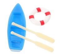 Kisangel Mini Bateau Miniature Décoratif en Résine Bleu Pagaies en Bois et Bouée de Sauvetage Rouge, Kit 3 Pièces pour Micro-Paysage, Bricolage et Décoration de Jardin Miniature de Plage
