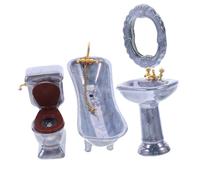 Kisangel Set Miniature Salle de Bain pour Maison de Poupée Ensemble Porcelaine Bleue-Grise Lavabo Toilettes et Miroir Accessoires Réalistes pour Décoration et Collection