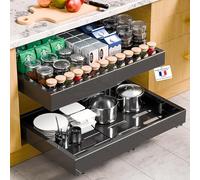 Kiseely Pack de 2 organisateurs de placard extensibles avec adhésif, largeur réglable de 32 à 53 cm, tiroirs coulissants et tiroir coulissant pour casseroles et poêles, adhésif sans vis (Noire VF1)