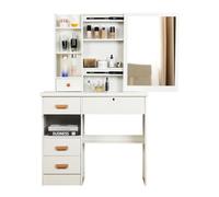 kiskick Bureau de maquillage avec miroir coulissant, bureau de maquillage avec tiroirs et étagères, coiffeuse de chambre à coucher, table de maquillage avec 5 tiroirs et étagères, espace de rangement