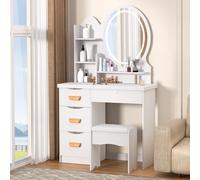 kiskick Bureau de maquillage avec miroir éclairé à DEL, coiffeuse avec réglage de la luminosité, lumière 3 couleurs, coiffeuse pour chambre à coucher avec 4 tiroirs et tabouret rembourré, blanc