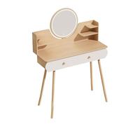 kiskick Coiffeuse avec miroir, petite coiffeuse de maquillage avec lumières, 3 modes de luminosité réglable, coiffeuse de salon avec 2 tiroirs et étagères ouvertes, couleur bois