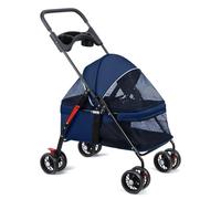 kiskick Poussette de voyage pliable pour animal de compagnie - 4 roues - Avec porte-gobelet - Sac de transport portable pour animal domestique - Bleu