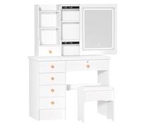 kiskick Table de maquillage avec miroir éclairé, table de maquillage avec 3 couleurs de réglage de la luminosité, miroir coulissant, coiffeuse avec 6 tiroirs, bureau de chambre à coucher, blanc