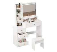 kiskick Vanitys Bureau de coiffeuse avec miroir et lumières, petite coiffeuse et tabouret, 5 tiroirs et 6 étagères, coiffeuse avec 3 lumières réglables de couleur, blanc