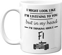 kisoyo Cadeaux de Formule 1 - In My Head I'm Thinking about F1 - Cadeaux amusants pour homme, cadeaux de F1 pour lui, tasse F1, cadeau de formule 1, 325 ml, passe au lave-vaisselle, tasses fantaisie