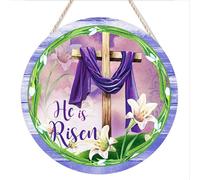 kisoyo Panneau rond rustique en bois à suspendre avec inscription « He Is Risen » - Panneau de croix de Pâques - Panneau religieux - Couronne de porte d'entrée - Décoration familiale - 20,3 x 20,3 cm
