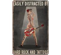 kisoyo Plaque en métal « Facilement distrait par Hard Rock and Tattoos » - Décoration murale - 30,5 x 40,6 cm