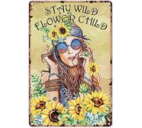 kisoyo Plaque en métal hippie vintage pour chambre à coucher, panneau de paix, décoration hippie « Stay Wild Flower », tournesol pour enfant, décoration murale, 20,3 x 30,5 cm