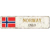 kisoyo Plaque en métal Oslo en aluminium avec drapeaux de vacances, souvenir de campagne, souvenir de ville, 10,2 x 40,6 cm, peinture en fer antirouille pour ferme, cuisine, mur, maison, jardin