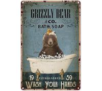 kisoyo Plaque en métal vintage amusante avec savon de bain, ours grizzly « Wash Your Hands » - Décoration murale rétro pour maison, jardin, bar, restaurant, café, bureau, pubs, club, salle de bain -